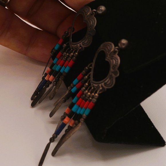 Sterling Silver Heart Feather Turquoise Coral Bead Earrings by QT - Picture 4 of 8